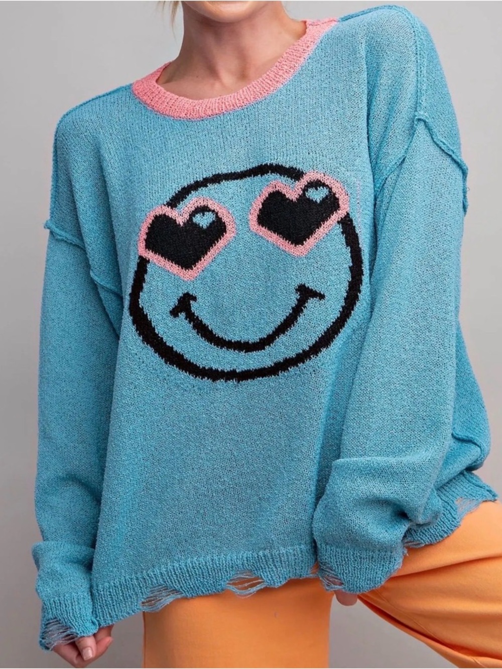 Easel Happy Face Distressed Sweater